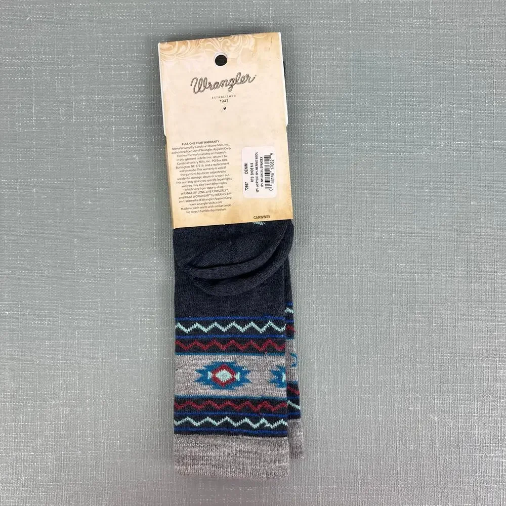 Wrangler Lightweight Merino Wool Blend Aztec Knee High Boot Socks Denim NWT